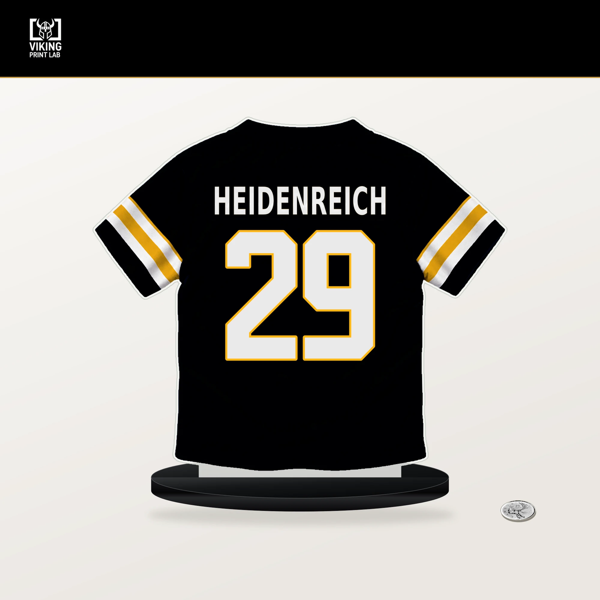 Eli Heidenreich number 29 Pittsburgh Steelers jersey stand with included black base.