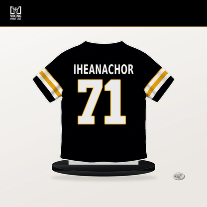 Max Iheanachor number 71 Pittsburgh Steelers jersey stand with included black base.
