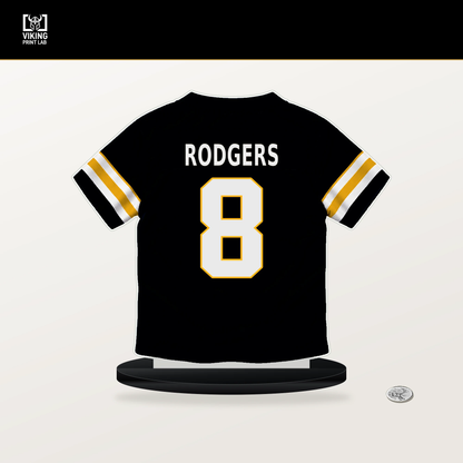 Aaron Rodgers number 8 Pittsburgh Steelers jersey stand with included black base.