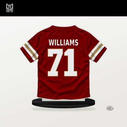 Trent Williams number 71 San Francisco 49ers jersey stand with included black base.