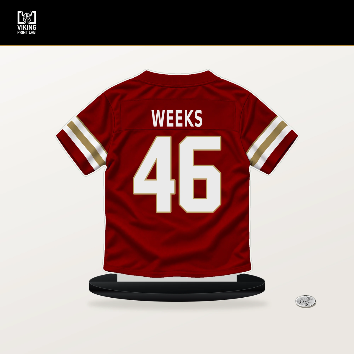 Jon Weeks number 46 San Francisco 49ers jersey stand with included black base.