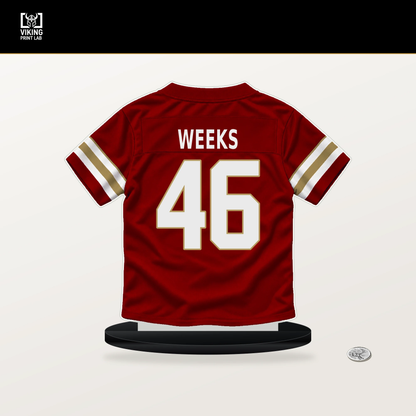Jon Weeks number 46 San Francisco 49ers jersey stand with included black base.