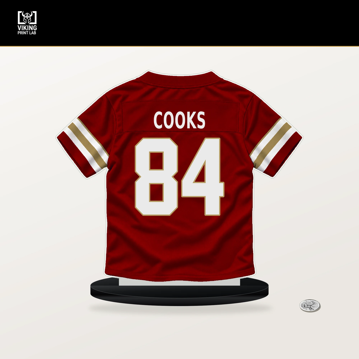 Brandin Cooks number 84 San Francisco 49ers jersey stand with included black base.