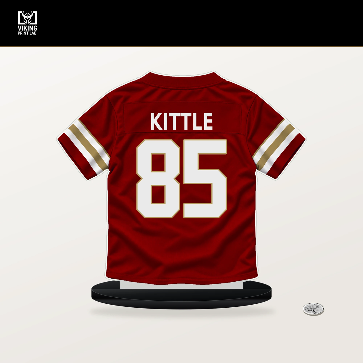 George Kittle number 85 San Francisco 49ers jersey stand with included black base.