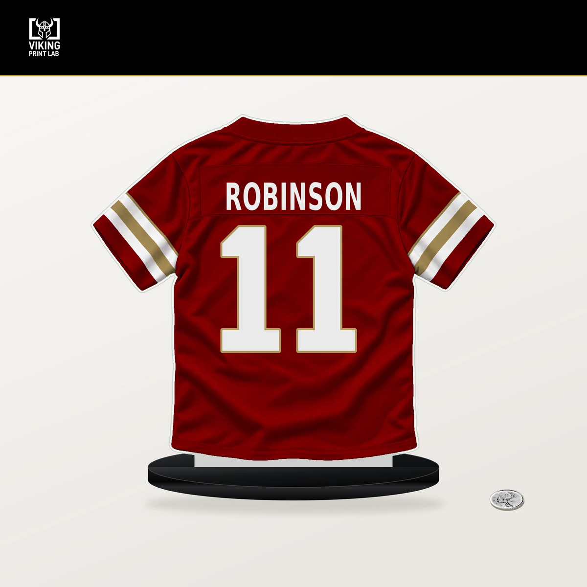 Demarcus Robinson number 11 San Francisco 49ers jersey stand with included black base.