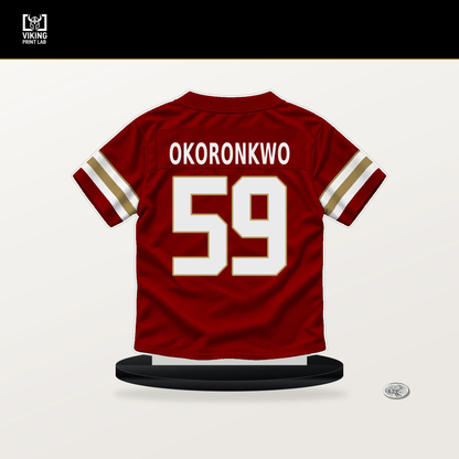 Ogbo Okoronkwo number 59 San Francisco 49ers jersey stand with included black base.