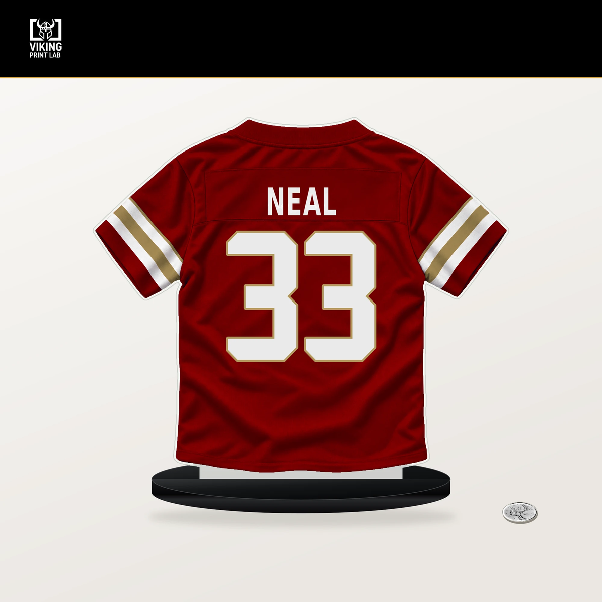 Siran Neal number 33 San Francisco 49ers jersey stand with included black base.