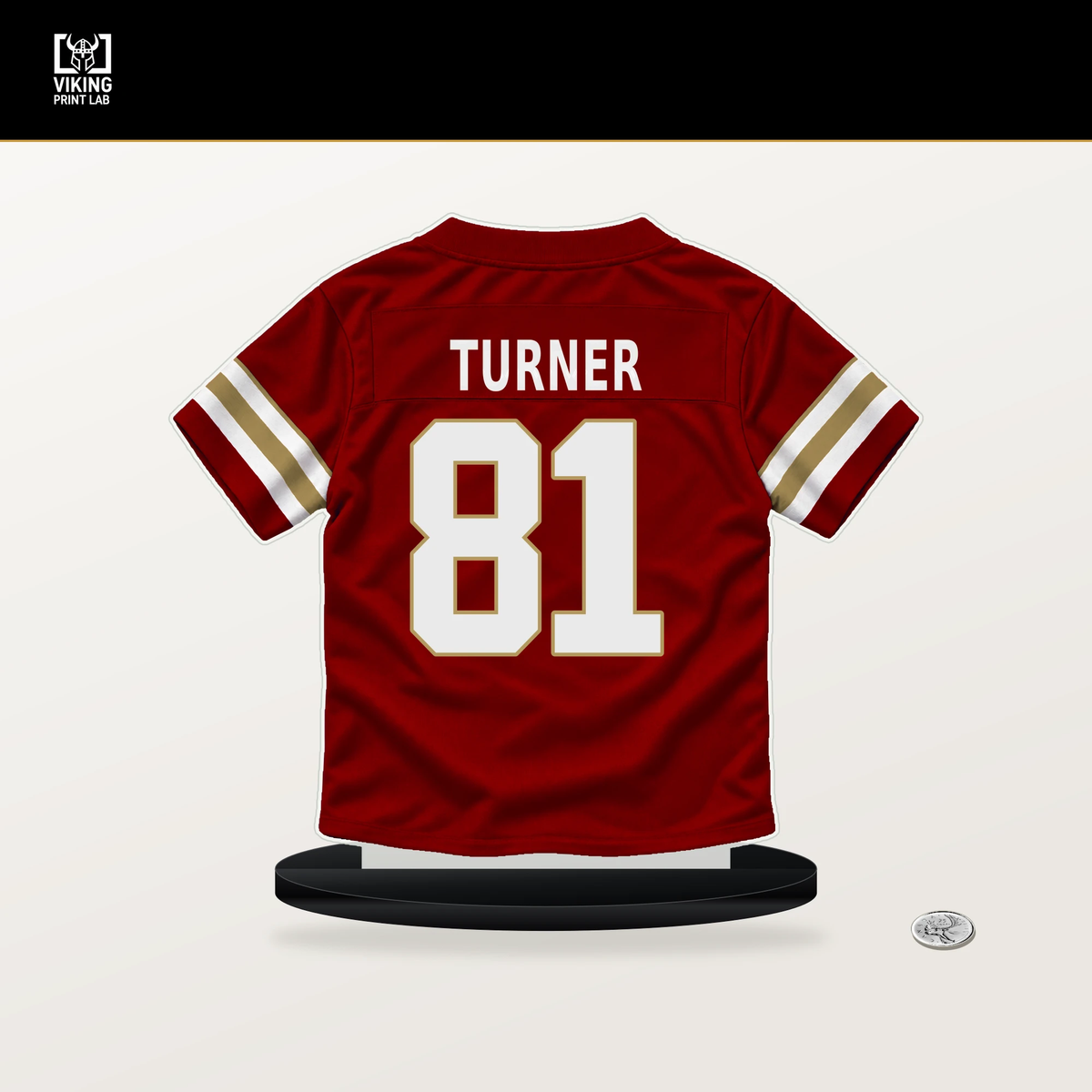 Malik Turner number 81 San Francisco 49ers jersey stand with included black base.