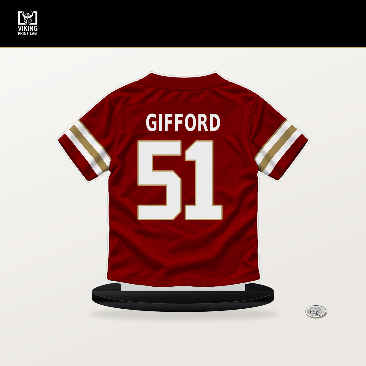 Luke Gifford number 51 San Francisco 49ers jersey stand with included black base.
