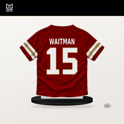 Corliss Waitman number 15 San Francisco 49ers jersey stand with included black base.