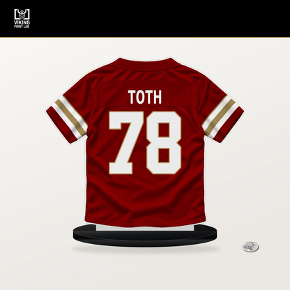 Brett Toth number 78 San Francisco 49ers jersey stand with included black base.