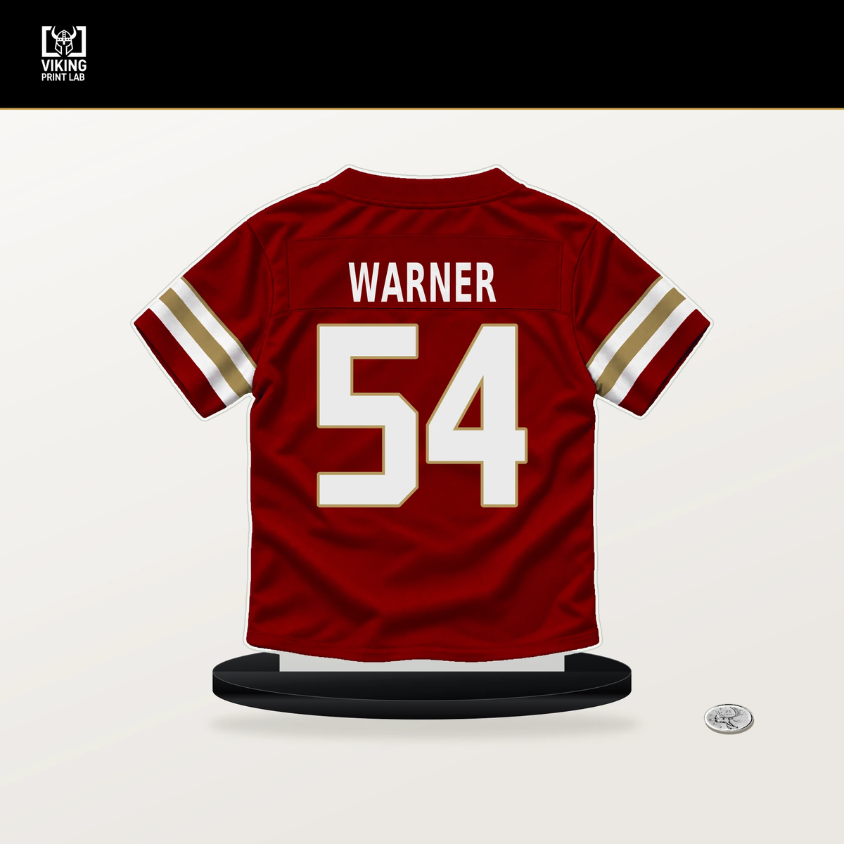 Fred Warner number 54 San Francisco 49ers jersey stand with included black base.