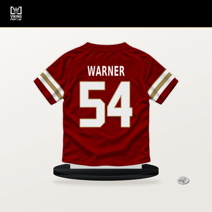 Fred Warner number 54 San Francisco 49ers jersey stand with included black base.