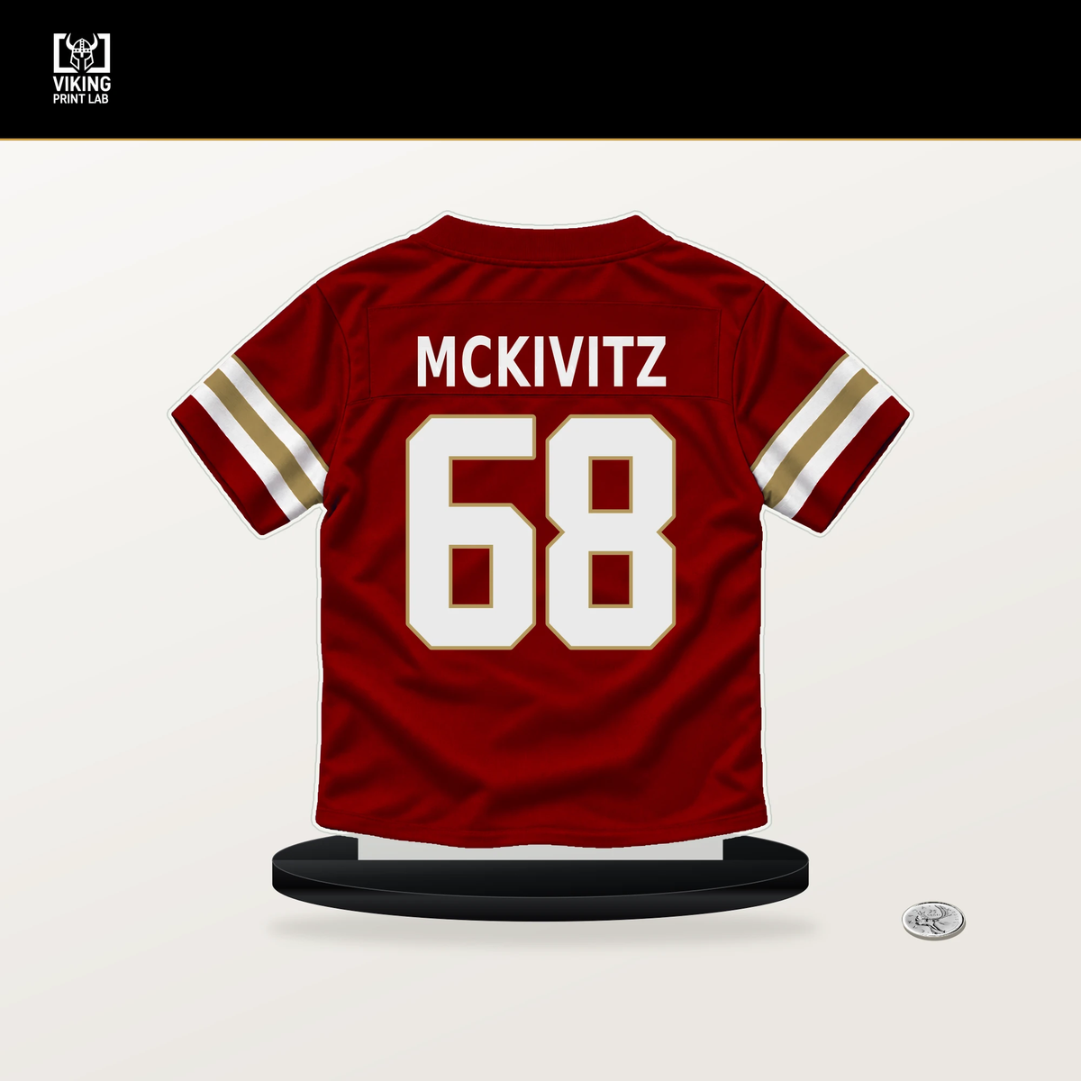 Colton McKivitz number 68 San Francisco 49ers jersey stand with included black base.