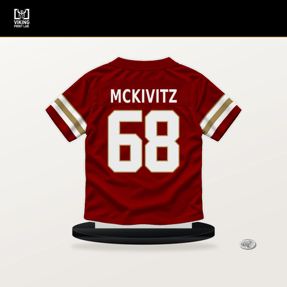 Colton McKivitz number 68 San Francisco 49ers jersey stand with included black base.