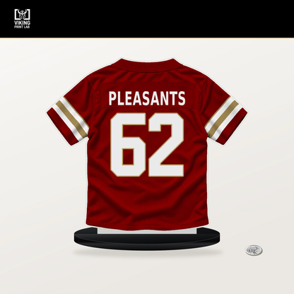 Austen Pleasants number 62 San Francisco 49ers jersey stand with included black base.