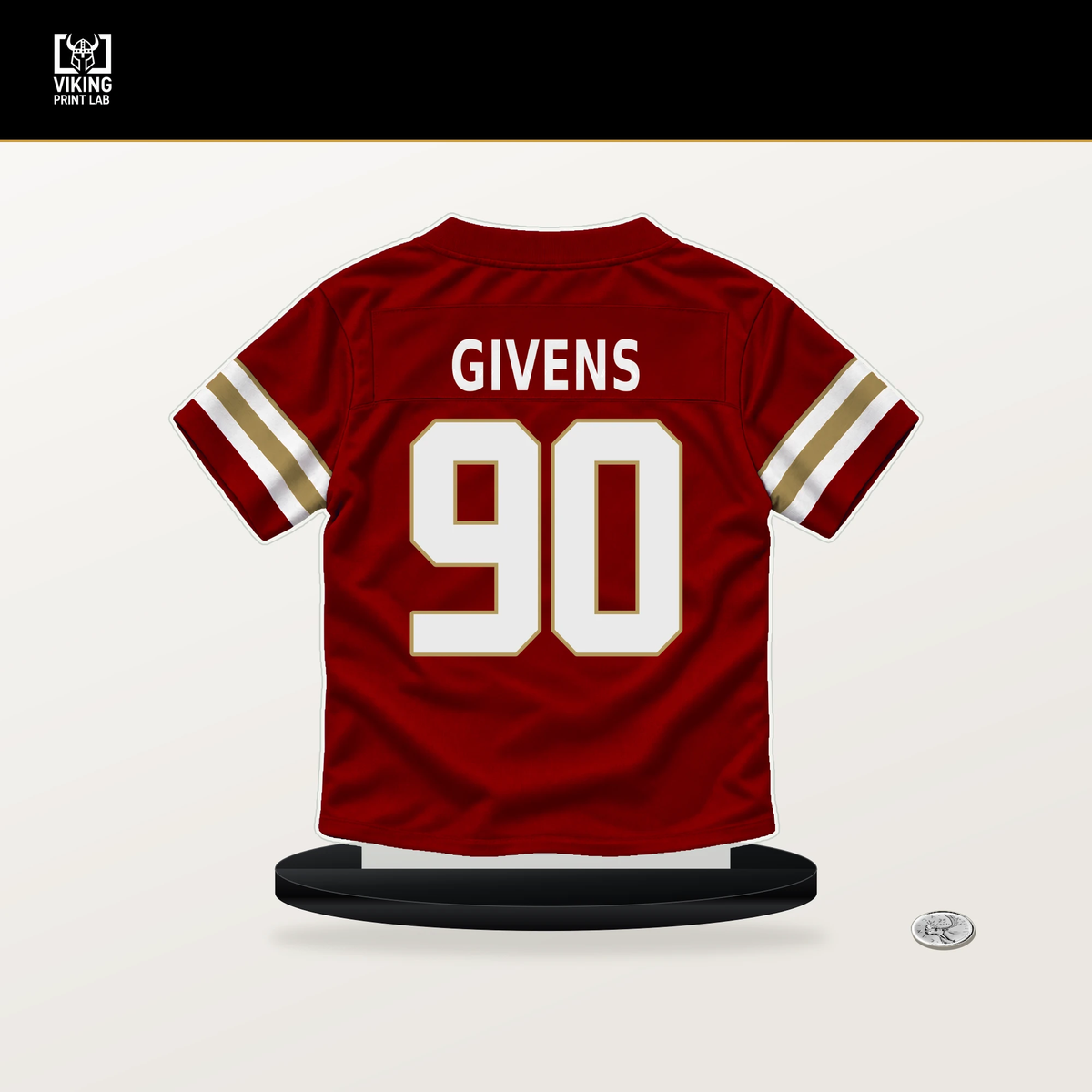 Kevin Givens number 90 San Francisco 49ers jersey stand with included black base.
