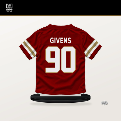 Kevin Givens number 90 San Francisco 49ers jersey stand with included black base.