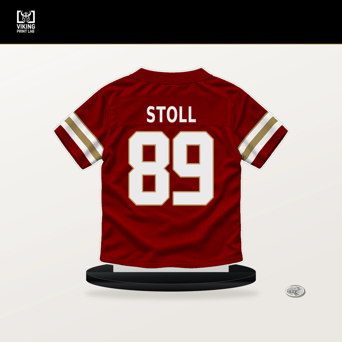 Jack Stoll number 89 San Francisco 49ers jersey stand with included black base.