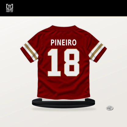 Eddy Pineiro number 18 San Francisco 49ers jersey stand with included black base.