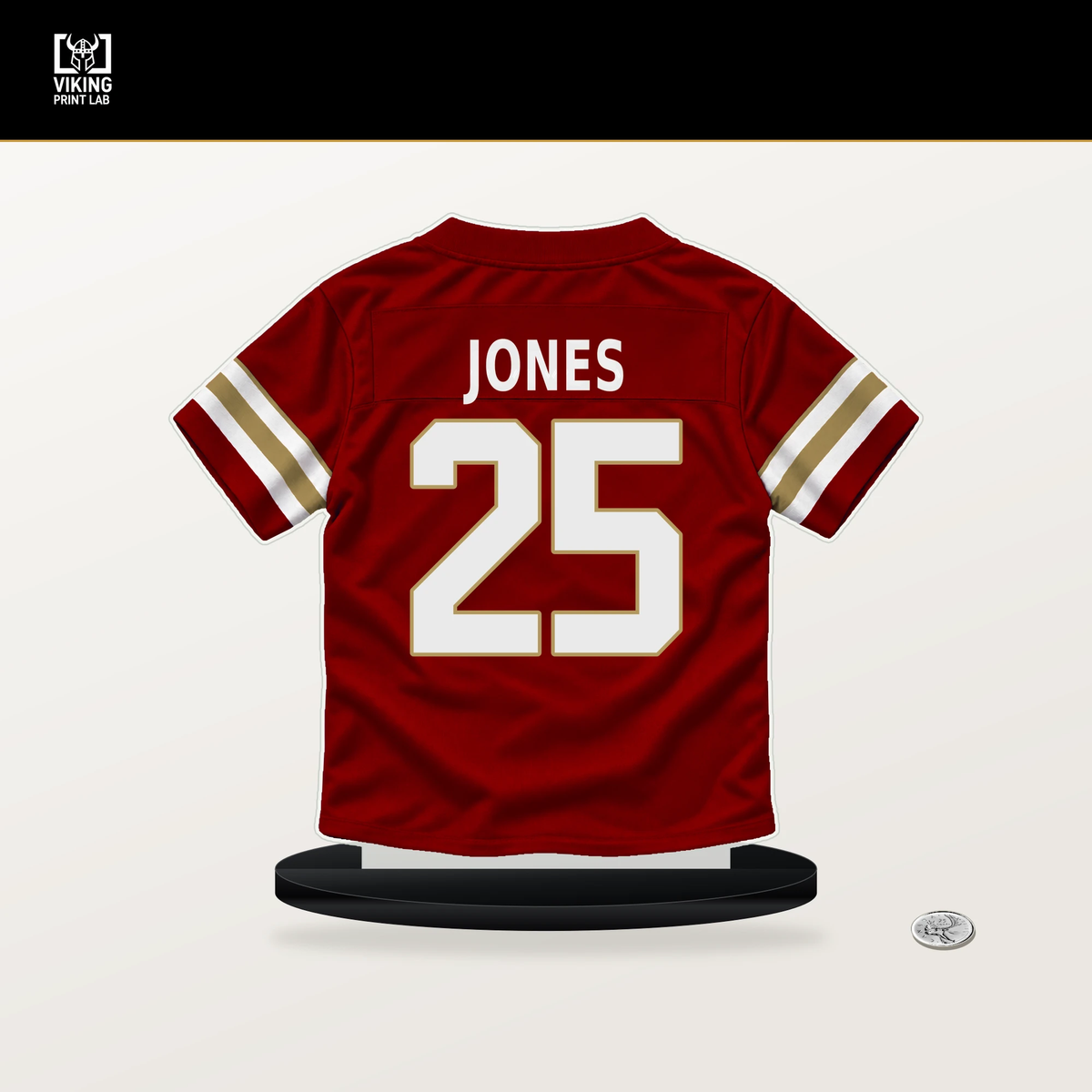Jack Jones number 25 San Francisco 49ers jersey stand with included black base.