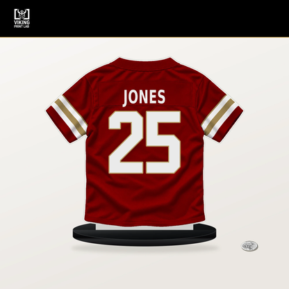 Jack Jones number 25 San Francisco 49ers jersey stand with included black base.