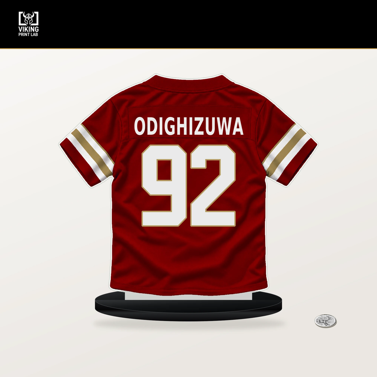 Osa Odighizuwa number 92 San Francisco 49ers jersey stand with included black base.