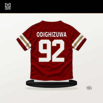 Osa Odighizuwa number 92 San Francisco 49ers jersey stand with included black base.