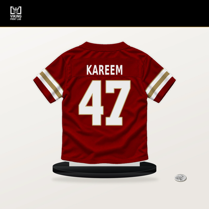 Khalid Kareem number 47 San Francisco 49ers jersey stand with included black base.