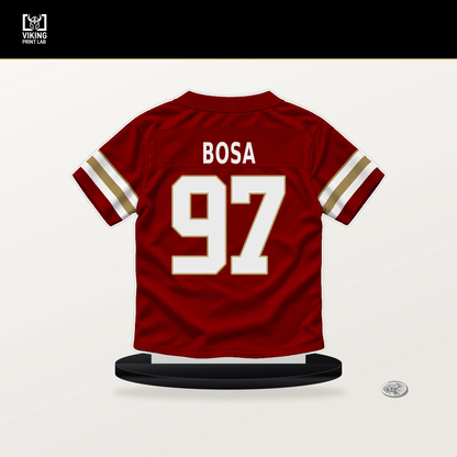 Nick Bosa number 97 San Francisco 49ers jersey stand with included black base.