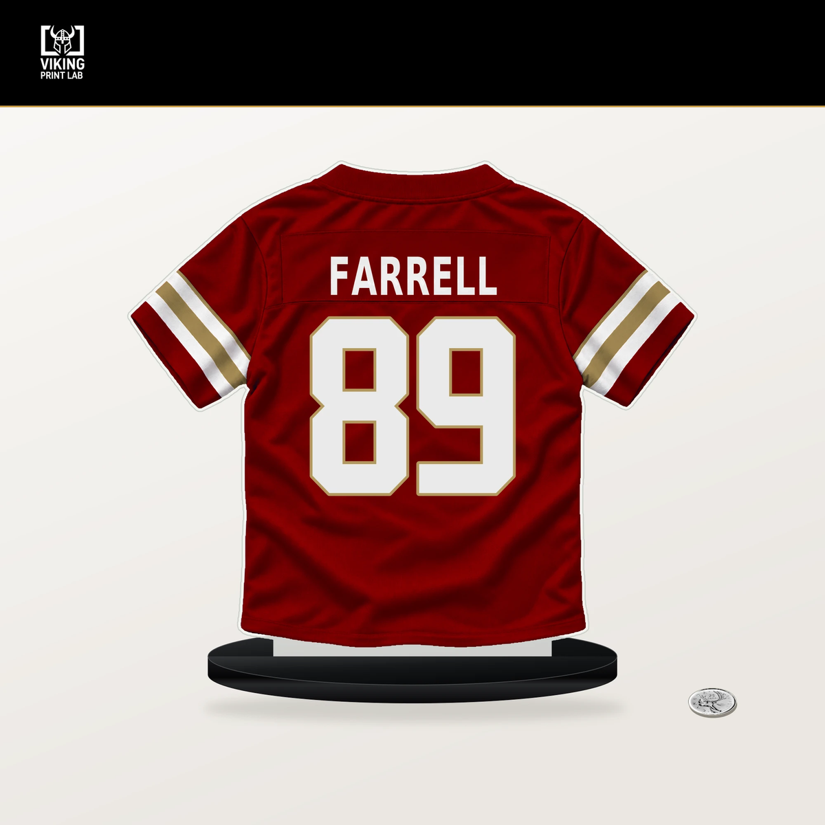 Luke Farrell number 89 San Francisco 49ers jersey stand with included black base.
