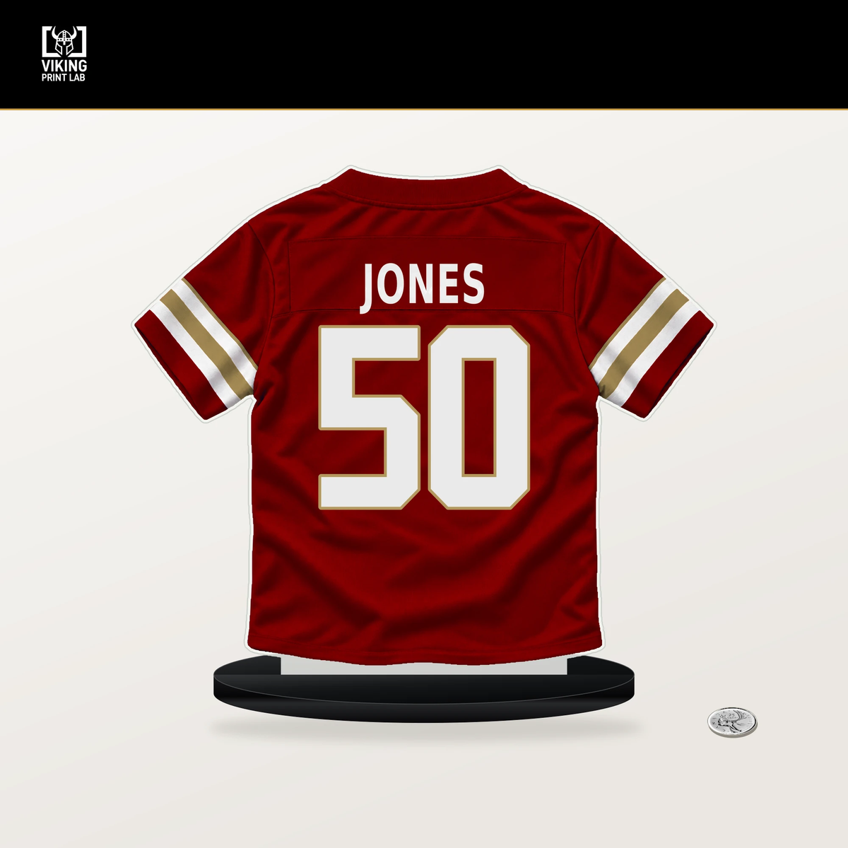 Naquan Jones number 50 San Francisco 49ers jersey stand with included black base.