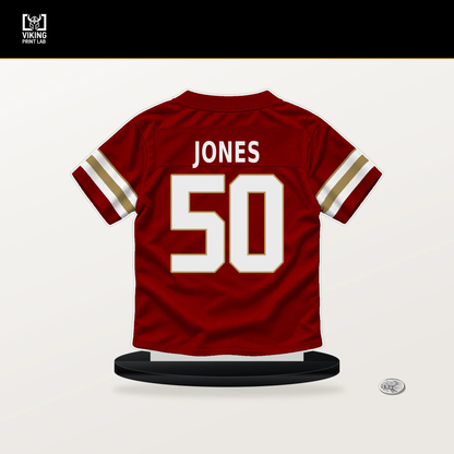 Naquan Jones number 50 San Francisco 49ers jersey stand with included black base.
