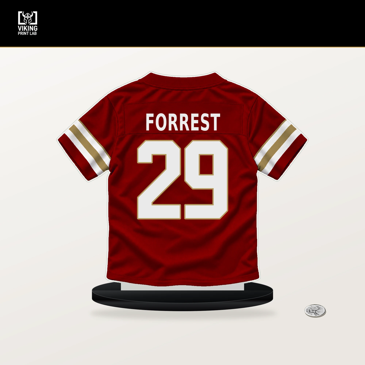 Darrick Forrest number 29 San Francisco 49ers jersey stand with included black base.