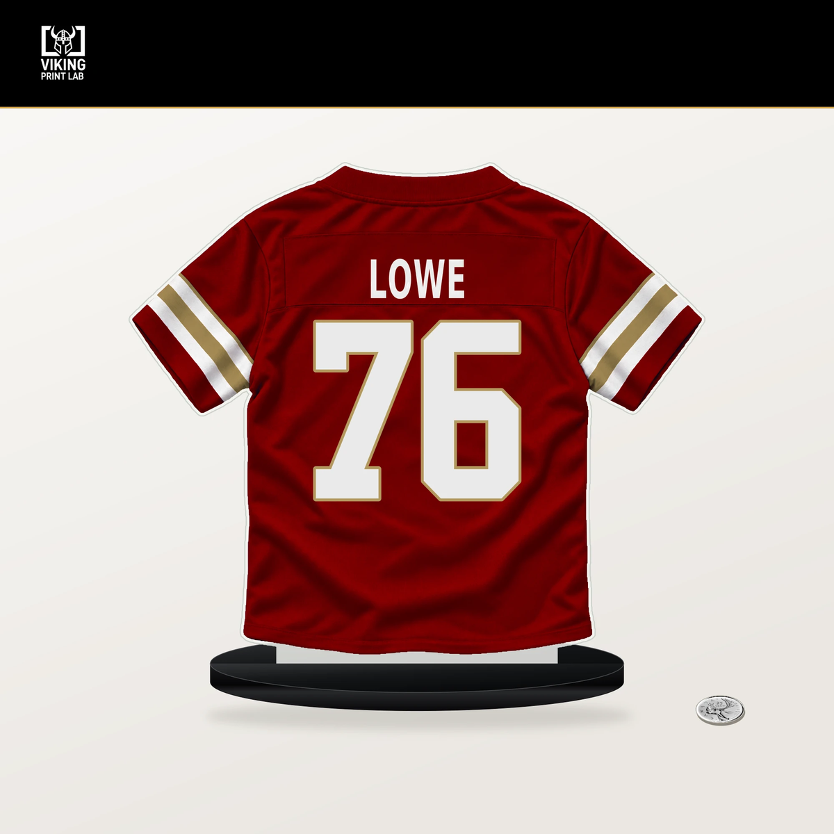 Vederian Lowe number 76 San Francisco 49ers jersey stand with included black base.