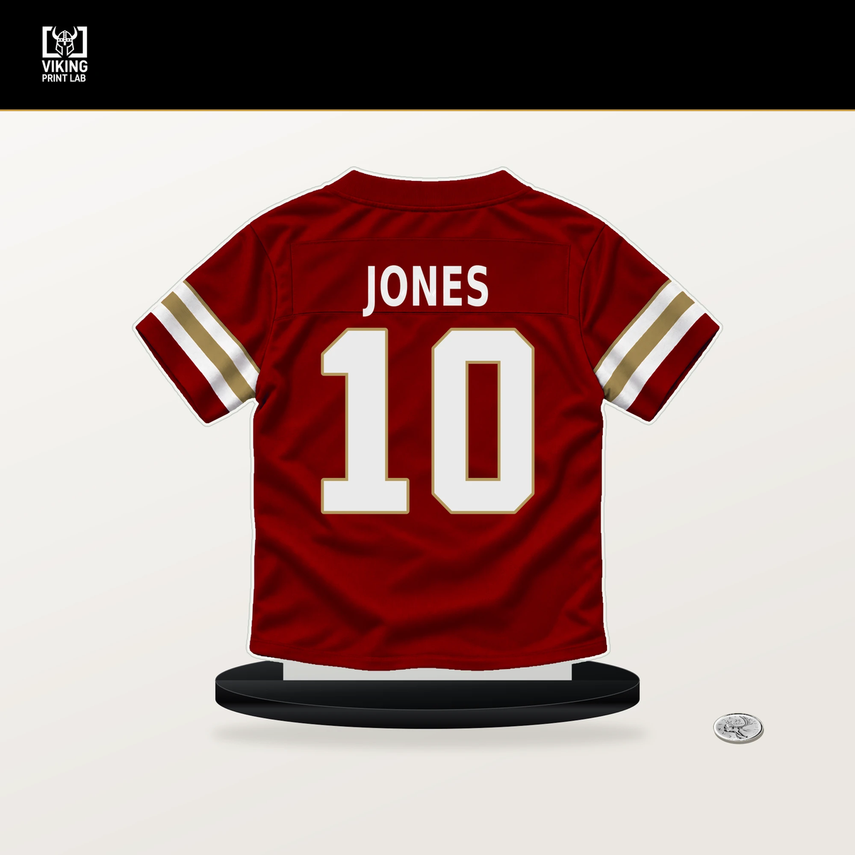 Mac Jones number 10 San Francisco 49ers jersey stand with included black base.