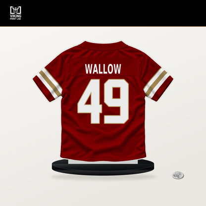 Garret Wallow number 49 San Francisco 49ers jersey stand with included black base.