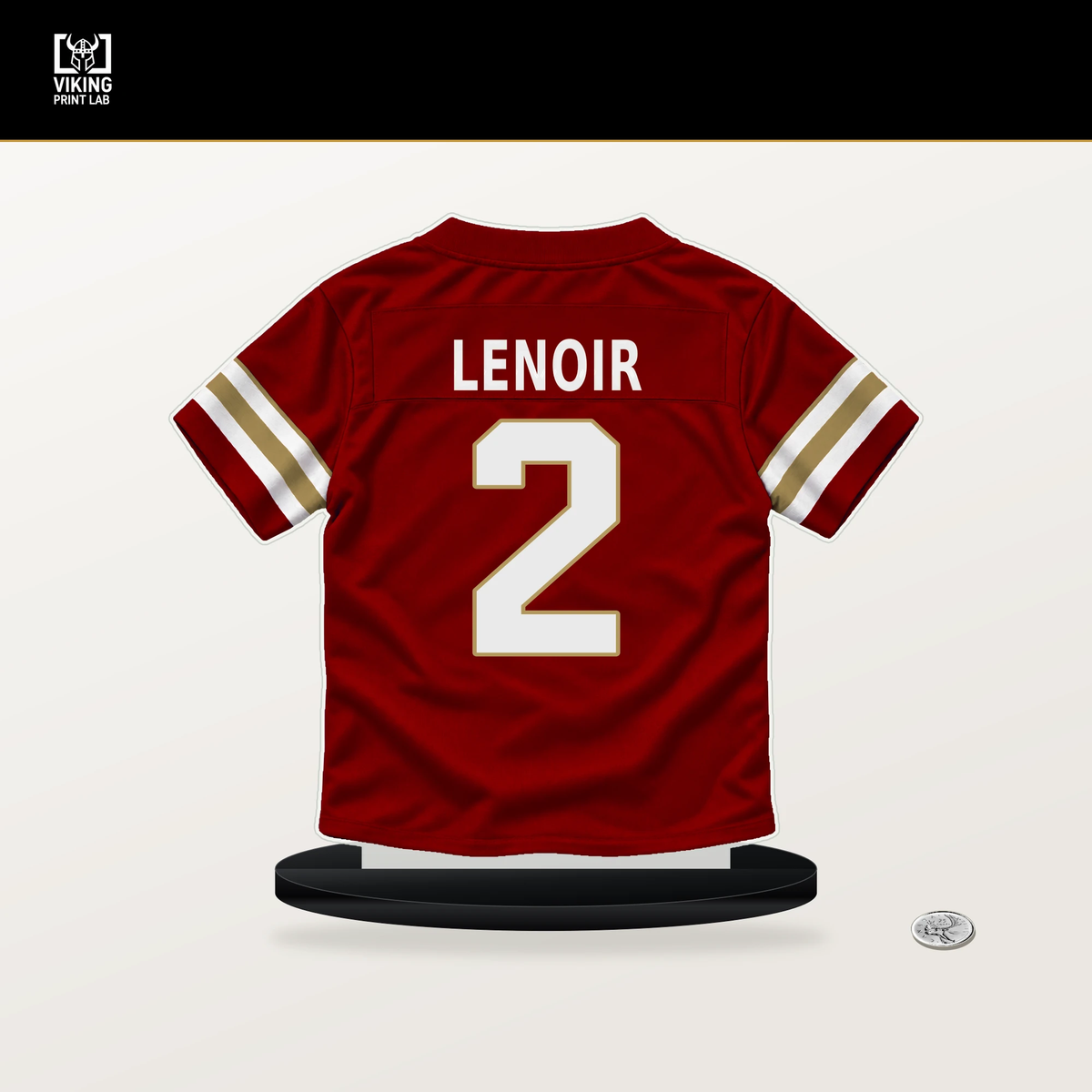 Deommodore Lenoir number 2 San Francisco 49ers jersey stand with included black base.