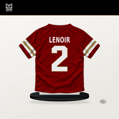Deommodore Lenoir number 2 San Francisco 49ers jersey stand with included black base.