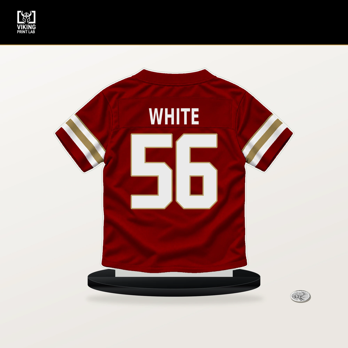 Keion White number 56 San Francisco 49ers jersey stand with included black base.
