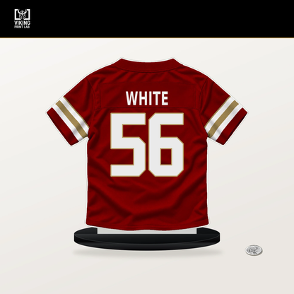 Keion White number 56 San Francisco 49ers jersey stand with included black base.