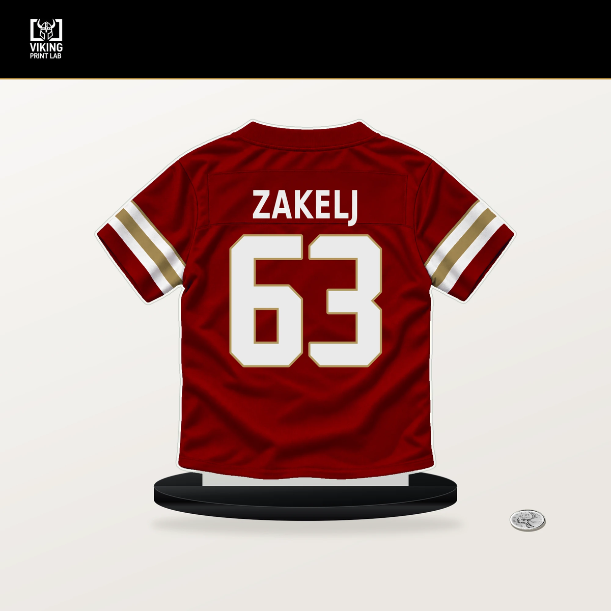 Nick Zakelj number 63 San Francisco 49ers jersey stand with included black base.
