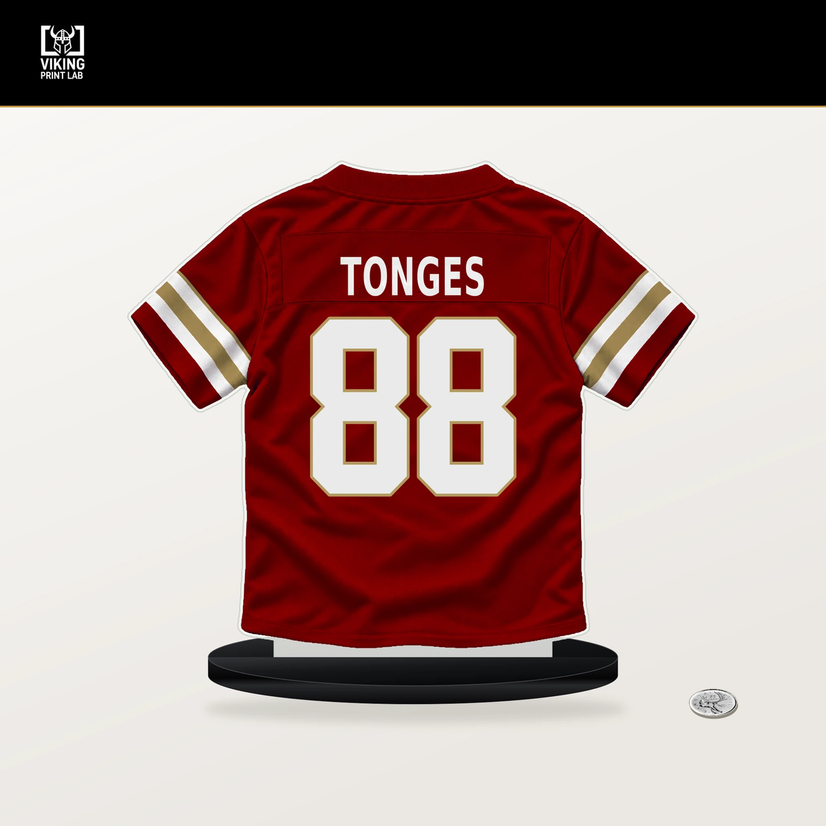 Jake Tonges number 88 San Francisco 49ers jersey stand with included black base.