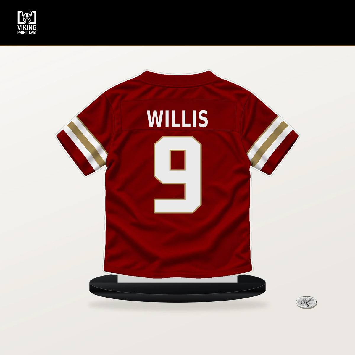 Brayden Willis number 9 San Francisco 49ers jersey stand with included black base.