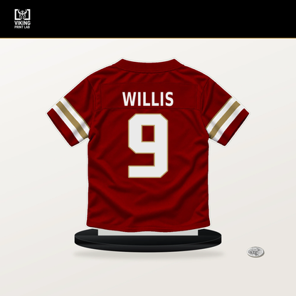 Brayden Willis number 9 San Francisco 49ers jersey stand with included black base.