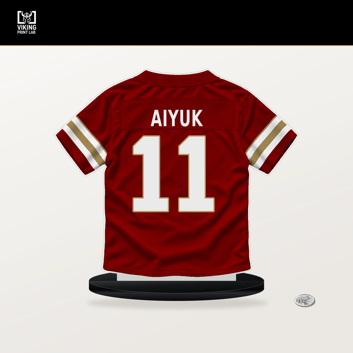 Brandon Aiyuk number 11 San Francisco 49ers jersey stand with included black base.