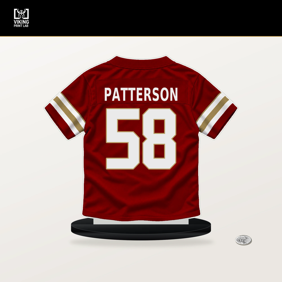 Jarrett Patterson number 58 San Francisco 49ers jersey stand with included black base.