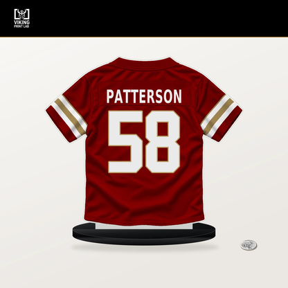 Jarrett Patterson number 58 San Francisco 49ers jersey stand with included black base.