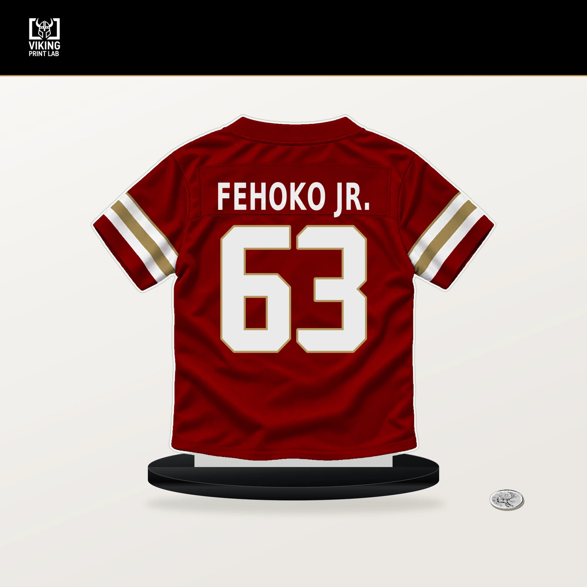Viliami Fehoko Jr. number 63 San Francisco 49ers jersey stand with included black base.