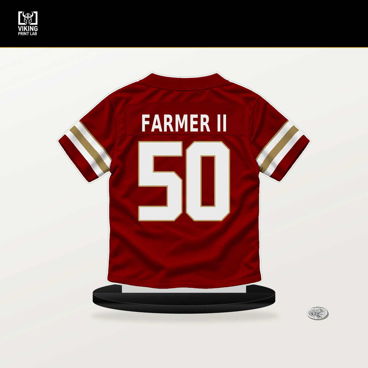 Andrew Farmer II number 50 San Francisco 49ers jersey stand with included black base.